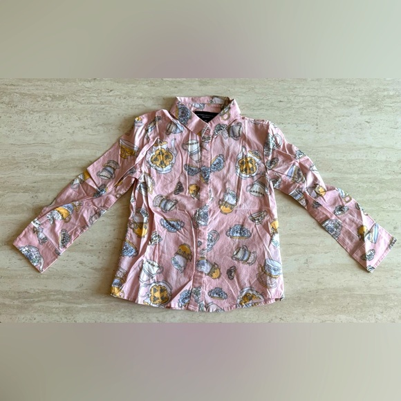 NEW LE Victoria Beckham Girl Long Sleeve Button Down Top Teapots Teacups Size XS - Picture 1 of 1